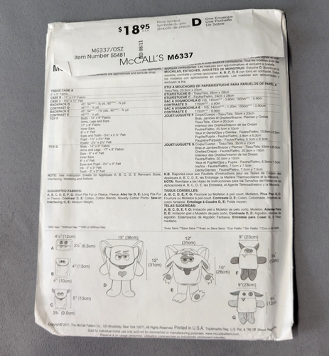 McCalls Schnittmuster #M6337 Monster Rucksack Spielzeug Basteln 2011 UNCUT - Bild 3 von 4