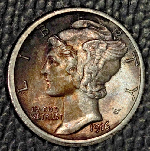 1916-S Mercury Dime, AU/BU, Toned, Very Close to FB