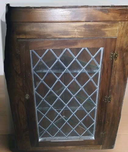 vintage glazed oak wall mounted corner cupboard With Leaded Glass - Picture 7 of 11