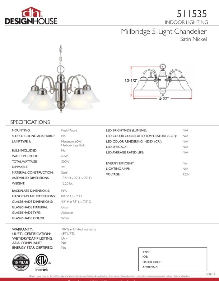 Lámpara de araña Design House 511535 Millbridge 5 luces 22" de ancho, níquel satinado Foto 4 de 4