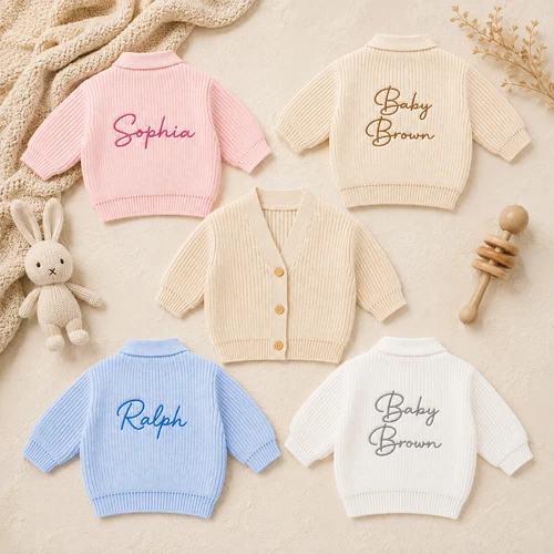 Baby Knitted Cardigan Personalised Embroidered Name Newborn Boy Girl Gift