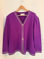 St John evening knit jacket pants 3pc set purple rhinestones suit blazer size 16