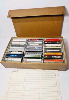 Bundle of 24 Various Audio Cassettes with Brown Faux Leather Case/Storage Box