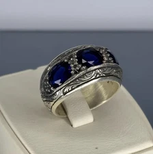 Handmade 925 Sterling Silver Men's Ring: Sapphire Blue Vintage Jewelry