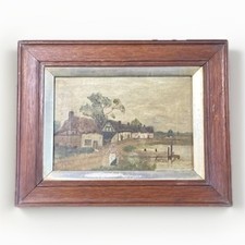 Antique Naive Oil Painting of a Village Scene-Deep Oak Framed-FREE UK POSTAGE