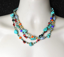 Necklace sw inspired boho blue faux turquoise colorful bib multi strand 19" MP6