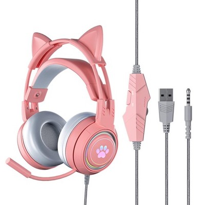 Yunseity Gaming-Headset, USB + 3,5 Mm Abnehmbarer Cat-Ear-Kopfhörer mit Noise...