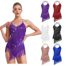 Women Modern Dance Costume Sleeveless Sequin Tassel Latin Jazz Leotard Bodysuit