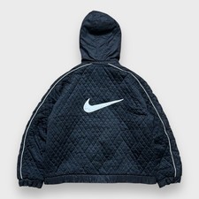 Nike Vintage 90s Black Quilted Jacket Diamond Pattern Detachable Hood Big Swoosh