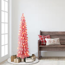 4 Ft. Prelit Pink Flocked Alpine Pencil Artificial Christmas Tree with 50 UL Cle