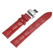 Leather Band Deployment Buckle Watch Strap 20mm Leather Strap, Red/Silver