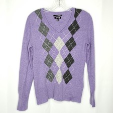 Apt. 9 Cashmere Argyle Sweater M Purple Gray V-Neck Preppy Academia