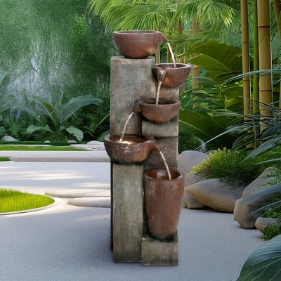 Contemporary Outdoor Water Feature   Tall Resin Cascade with Nighttime LEDs