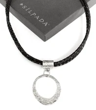 SILPADA Sterling Silver TEXTURED SLIDE PENDANT Dark Brown Leather Necklace~N1499