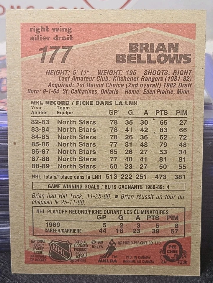89-90 O-Pee-Chee Brian Bellows 🚨🚨🚨 Minnesota North Stars - Image 2 of 2