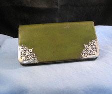 ANTIQUE VICTORIAN GREEN LEATHER STERLING SILVER WALLET COIN PURSE CARD CASE 1897