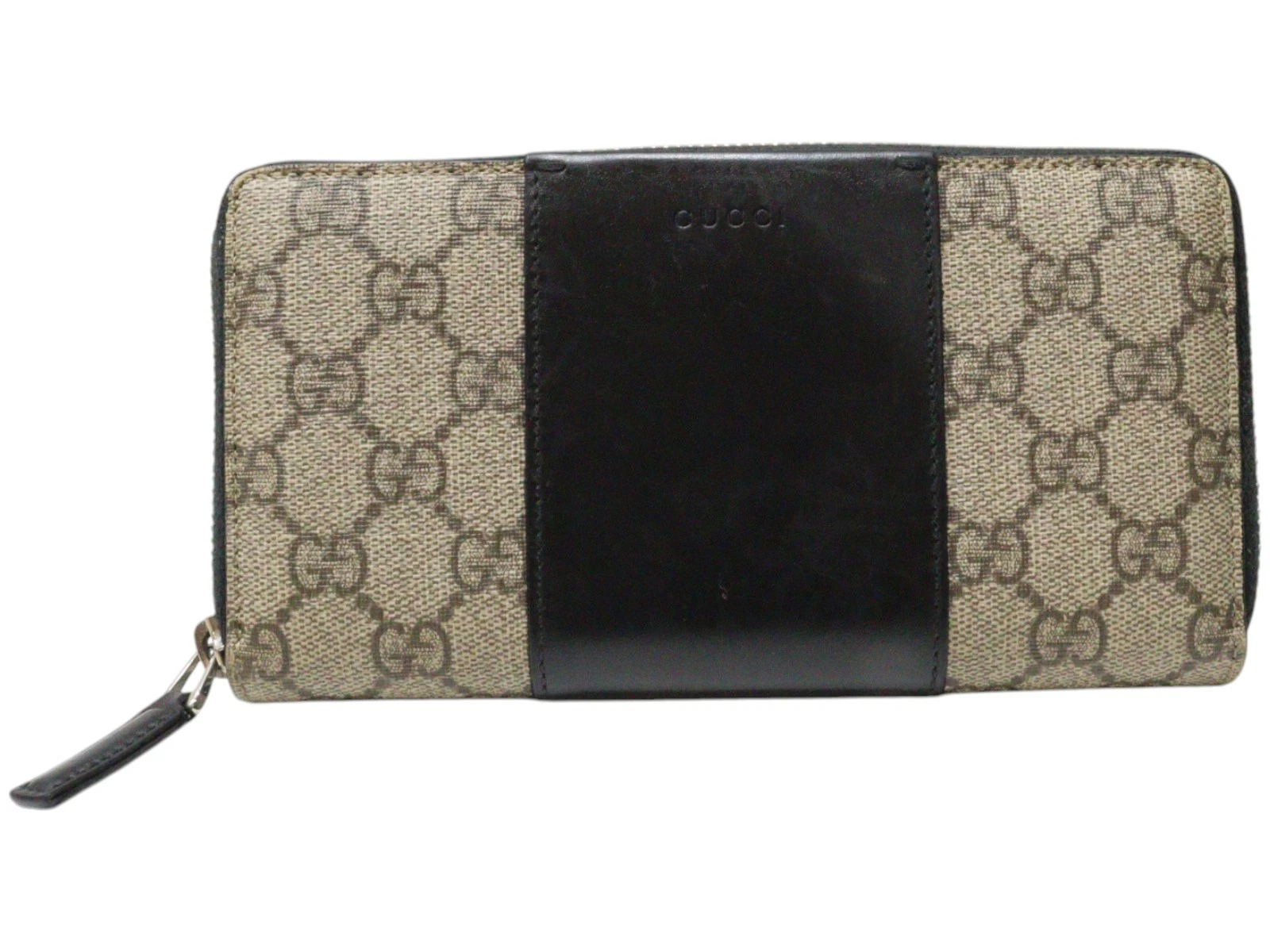 Gucci Gg Supreme Portefeuille Rond Zip 451249 Pvc Cuir Noir Beige Long Fermeture Éclair Homme
