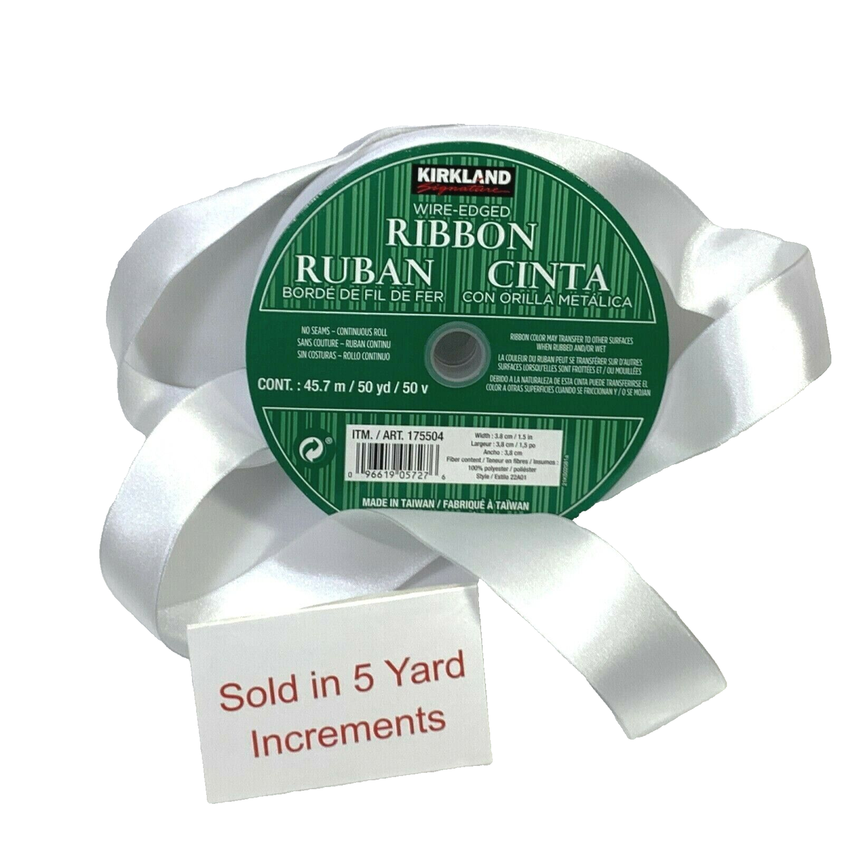 Kirkland Wire Edged Ribbon WHITE SATIN LOOK 5 Yards Christmas