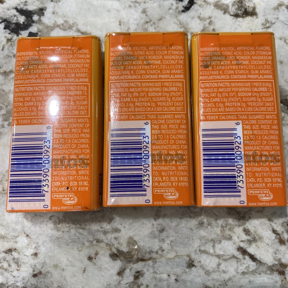 NEW Sealed 3 Discontinued Mentos NOW Orange Metal Tin Mints with