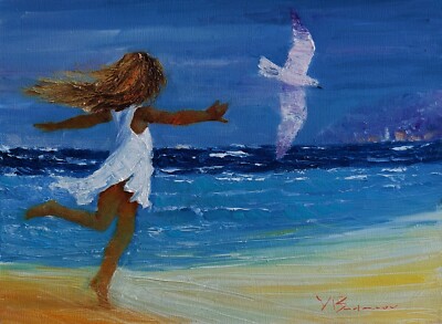 Painting girl and seagull on the beach original ocean wave oil art on ...