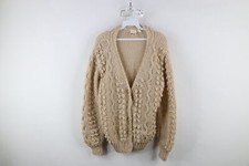 Vintage 70s Streetwear Womens Large Chunky Knobby Knit Cardigan Sweater Beige