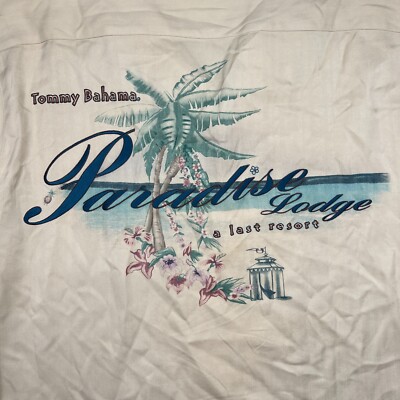 Tommy Bahama Shirt 100% Silk Embroidered Men s L Button Up Paradise Lodge Camp
