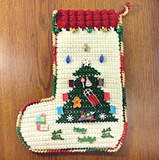 Crochet Knit Christmas Stocking Handmade 14" Bells Tree Embellished Mini Decor