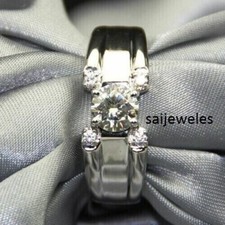 Men's 2.12CT Lab-Created Round Cut Diamond Wedding Ring 14K White Gold Finish