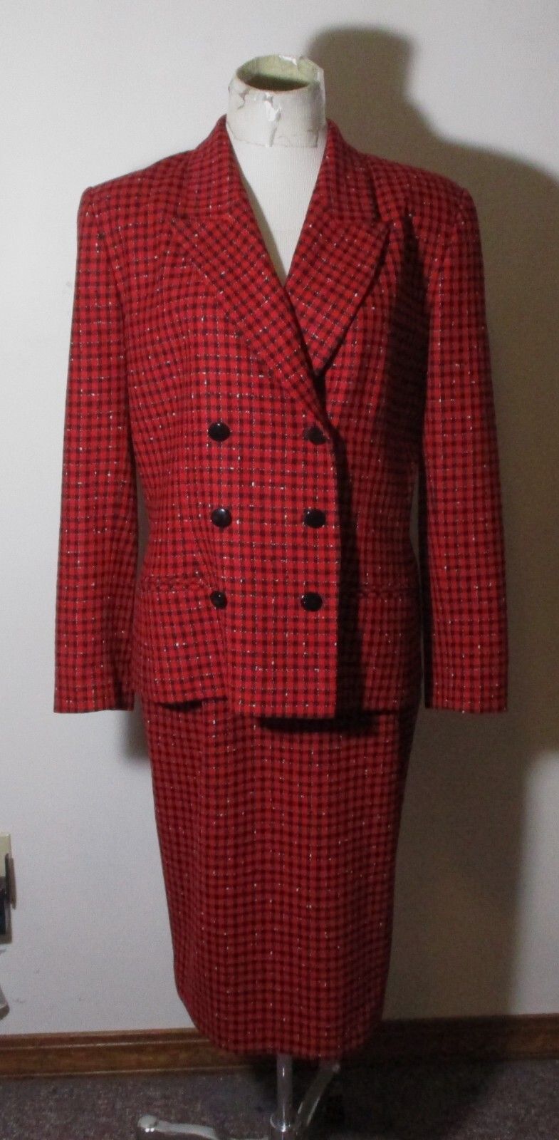 PENDLETON Red Black Wool 2 Pc Skirt Jacket Outfit Suit Size 10-12