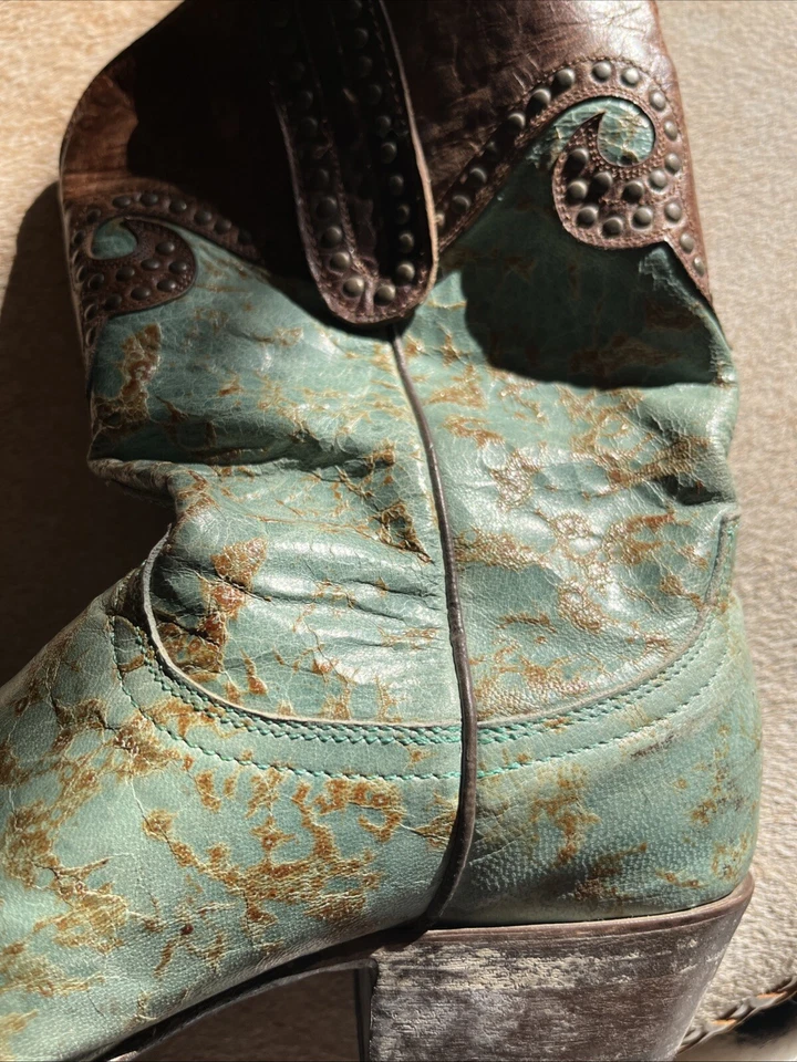 旧 GRINGO SNIP TOE 皮靴 Caroline Aqua Yippee Kiyay 黄铜 6B 码(狗) — 第 4/4 张图片