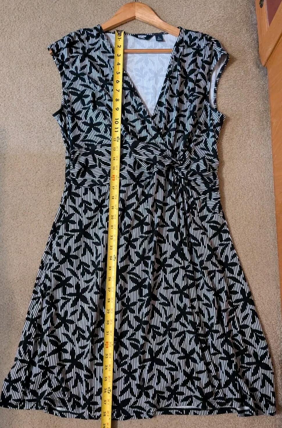 Lands End Womens Sleeveless Black White Print Faux Wrap Dress SZ Large 14-16