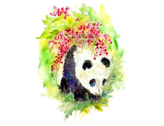 Panda en flor de bambú ilustración acuarela original pintura Andi J Lucas