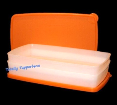 Tupperware Set of 2 Freeze-It Shallow Rectangles Freezer Snowflakes Orange EUC
