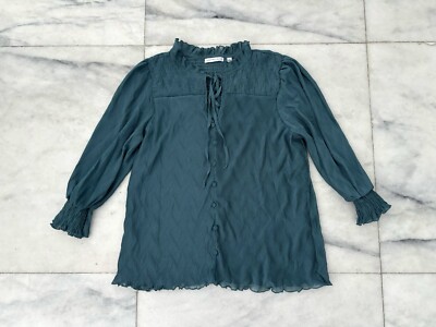 VTG Notations Top Teal Blue Smocked Lined Button Womens L Cottagecore Peasant