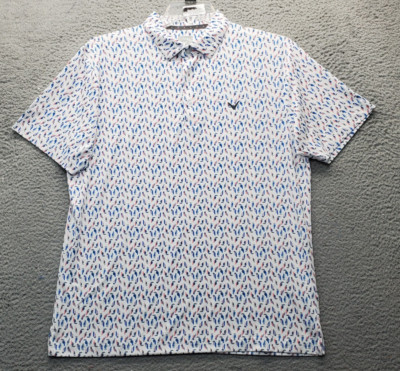 Callaway Golf Performance Polo Shirt Men's M Multi Bird Print High Low Slit AOP