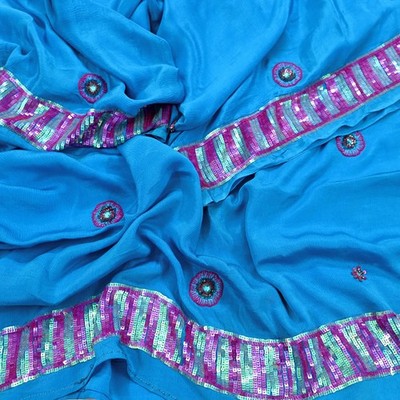 Vintage Blue Dupatta Pure Silk Long Stole Hand Embroidered Scarves Sequins Veil