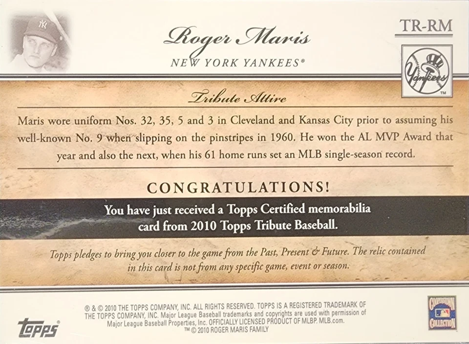2010 Topps Tribute, Tribute Attire, Roger Maris, Jersey Swatch Usado em Jogo, 17/50 - Imagem 2 de 2