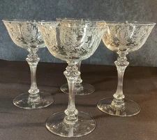 4 TIFFIN FRANCISCAN JUNE NIGHT CRYSTAL TALL SHERBET CHAMPAGNE STEMS GLASS ETCHED