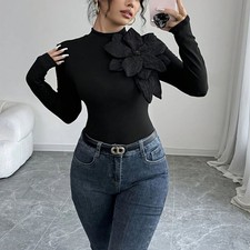 Women's Elegant Knit Top with 3D Floral Rhinestones, High Neck Long Sleeve