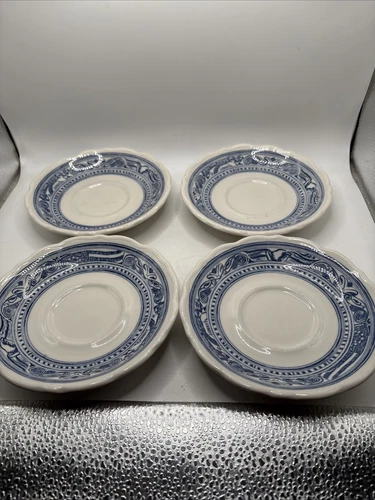 4 Vintage Syracuse China Restaurant Blue Liberty Eagle 5.5" Scalloped Saucers