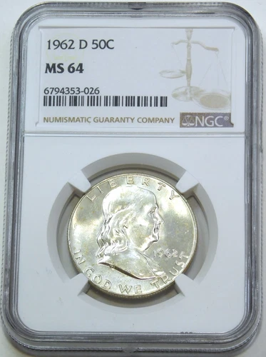 1962-D Franklin Half Dollar NGC MS64 90% FBL Frosty Just Graded New Holder #F260