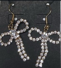 Gold Crystal Bow Dangle Drop Earrings Clear Round Hook Fashion Party