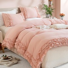 Pink Ruffled Duvet Cover Girls Coquette Bedding Set Cute Lace Fringe Ruffle B...