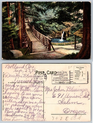 #ad 1912 Portland Oregon City Park Rustic Bridge Waterfall Postcard M. Rieder $1.99