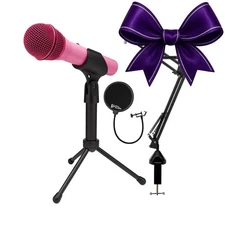 Samson Q2U USB XLR Pink Microphone Boom Arm Microphone Stand Bundle