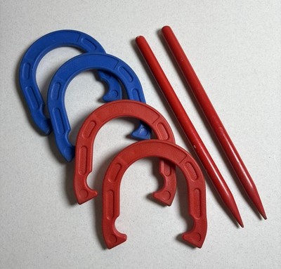 Horseshoe Set Of 4 - 2 Red, 2 Blue And 2 Red Wood Stakes Vintage Plastic Vinyl
