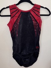 GK Elite Gymnastics Leotard Adult Medium AM Black Red Rhinestone Strappy Back