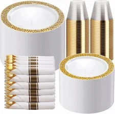 50 Guests Dinnerware Sets, Gold Plastic Plates，Platos Para Fiestas Elegantes