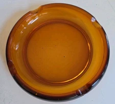 VTG Round Amber Glass Ashtray MCM For Cigar/Cigarette Retro Large 8”