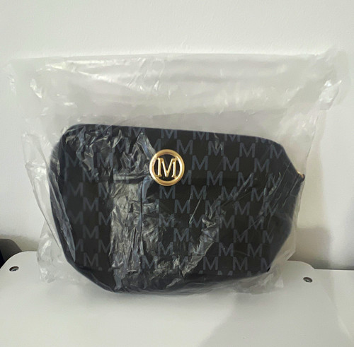 Black Logo Print Faux Leather Canvas Crossbody Bag Zip Gold Hardware Detachable